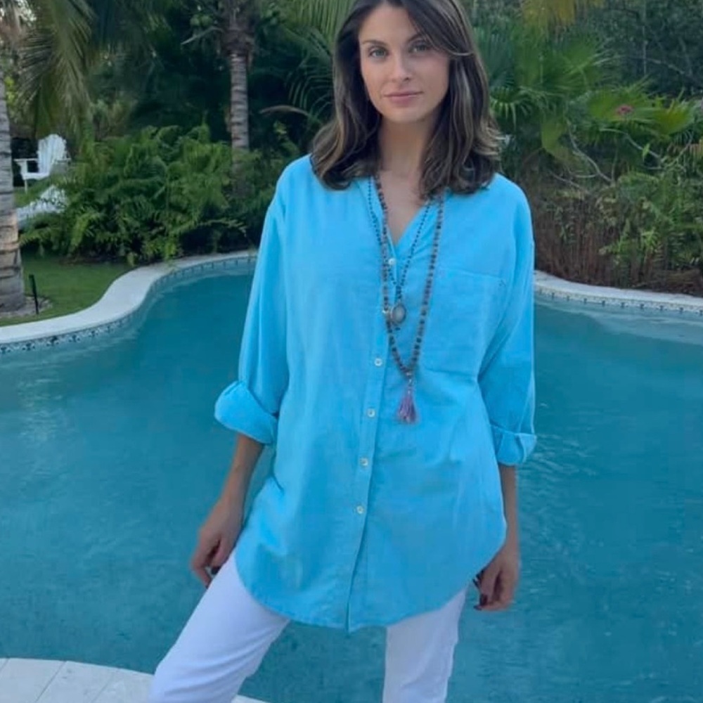 Sigrid Olsen aqua blue 100% Linen Tunic shirt, size XL relaxed fit